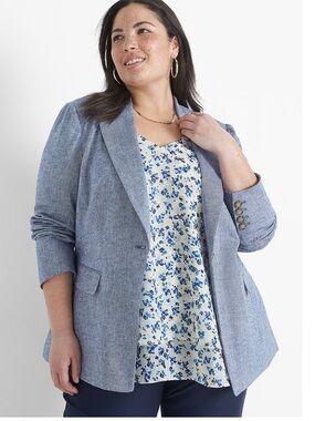 Lane Bryant Chambray Linen Blend Single Breasted Blazer Jacket Blue 24